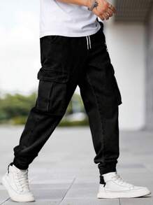 Manfinity Homme Loose Fit Men Letter Patched Flap Pocket Cargo Jeans - Black - View 3