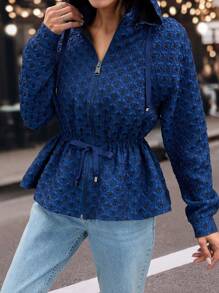 EURMUSE Women Blue Ruched Hooded Elegant Jacket - Blue - View 3