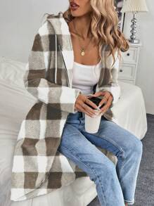 SHEIN LUNE 连帽拉链不对称下摆口袋格子印花羊毛夹克 - 卡其色 - 查看 1