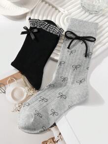 ROMWE Kawaii Bộ 2 đôi vớ cổ cao cổ đính nơ + nơ thêu phong cách cổ điển thanh lịch đơn giản đa năng cho nữ, phù hợp với trang phục hàng ngày của phụ nữ, có hộp đựng quà tặng - màu đen - Xem 8