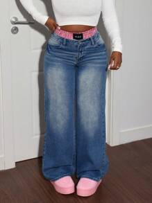 SHEIN SXY Jeans de mujer de tela vaquera azul, de talle bajo y pierna ancha, sexy