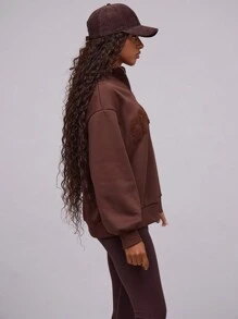 Musera Sport Half Zip High Neck Slogan Sweatshirt - Coffee Brown - View 2