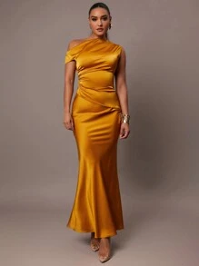 Silquee 女士优雅缎面不对称领金色衬衫，褶皱设计，适合鸡尾酒会、约会、正式派对、婚礼、伴娘、晚会、万圣节、圣诞节 - 金色 - 查看 4