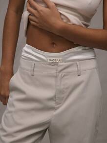 MUSERA Mid Waist Flared Office Trousers Old Money  Elegant - Khaki - View 4