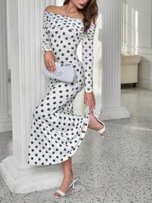 INAWLY Vestito attillato elegante da festa a maniche lunghe con spalle scoperte a pois per donne - Multicolore - Visualizzare 5