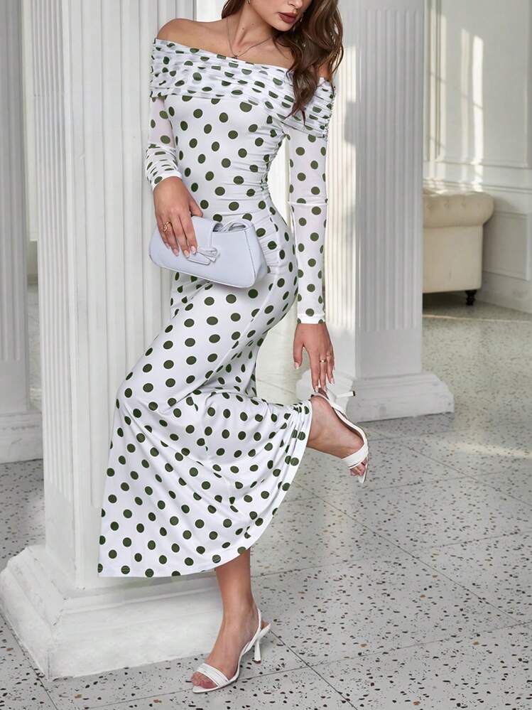 INAWLY Women Off-Shoulder Polka Dot Long Sleeve Elegant Party Bodycon Dress - Multicolor - View 5