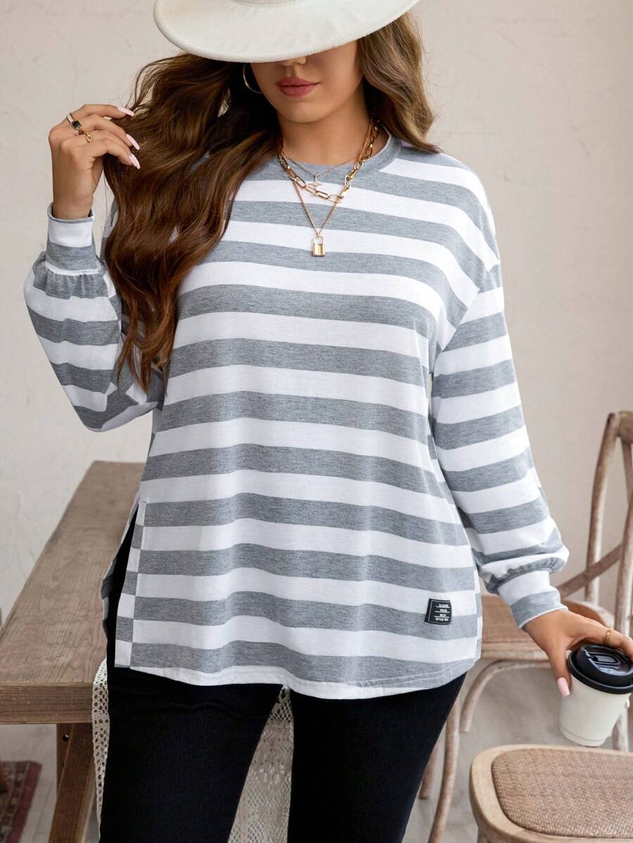 SHEIN LUNE Plus Size Women's Autumn/Winter Striped Print Loose Crew Neck Long Sleeve Casual Fashion T-Shirt With Side Slits Thanksgiving Outfit Holiday Outfit