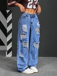 SHEIN PETITE 女士前扣口袋做旧简约牛仔裤，休闲日常穿着 - 中等水洗藍 - 查看 4