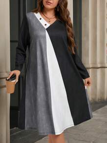 EMERY ROSE 大码女士冬装冬季连衣裙休闲拼色拼接长袖连衣裙，秋季 - 彩色 - 查看 1