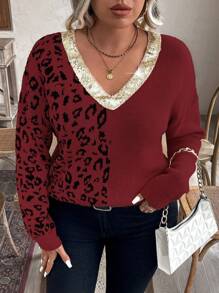 Calvaya Plus Size Casual Leopard Pattern Contrast Sequin V-Neck Dropped Shoulder Pullover Sweater Knit Pullover Fall Winter - Burgundy - View 6