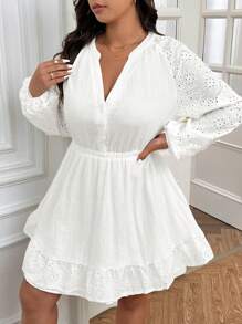 SHEIN Frenchy Casual Simple Embroidered V-Neck Cinched Waist A-Line White Plus Size Cotton Dress, Suitable For Leisure And Home Wear, Autumn - White - View 4