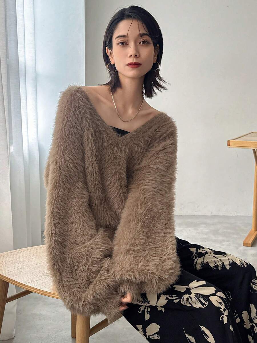 FRIFUL Áo len chui đầu trơn cổ chữ V rộng rãi cho nữ, Quần áo mùa thu cho nữ - Cà phê nâu - Xem 1