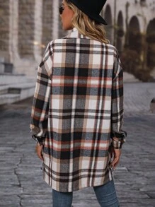SHEIN LUNE Women's Front Button Long Sleeve Pocket Plaid Casual Jacket, Simple Design