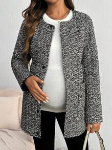 SHEIN Maternity 2-In-1 Plush Ditsy Floral Hooded Long Sleeve Coat, Winter Outerwear, Outerwear, Fall - Black - View 4