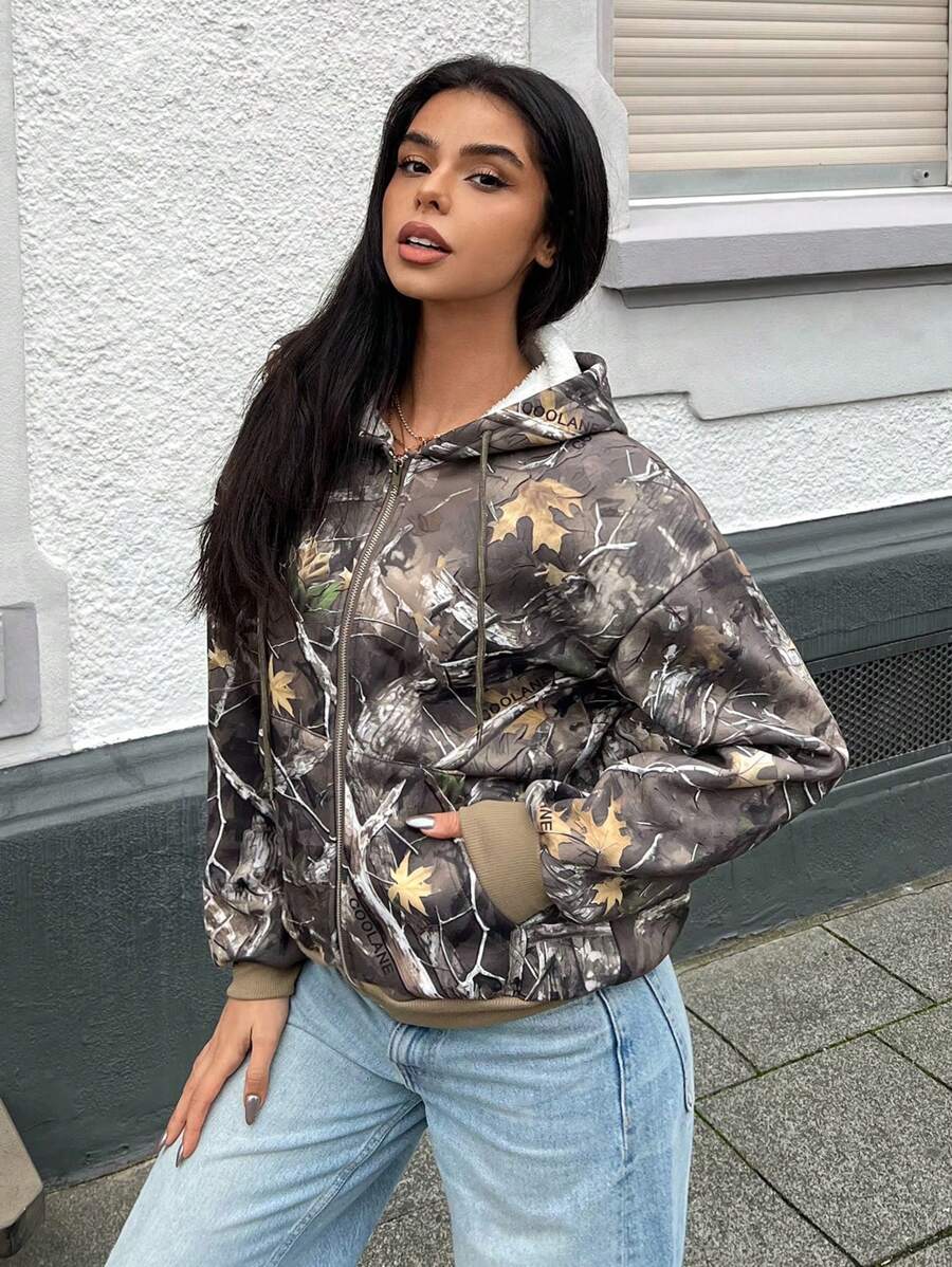 SHEIN EZwear Women Front Zipper Long Sleeve Solid Color Patchwork Minimalist Hooded Casual Sweatshirt - Multicolor - View 1