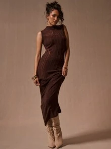 MUSERA Mock Neck Distressed Maxi Sweater Dress Thanksgiving  New Year  Party - Brown - View 4