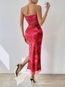 SHEIN ChicEase Women's Strapless Floral Allover Print Split Hem Casual Dress - Red - View 2