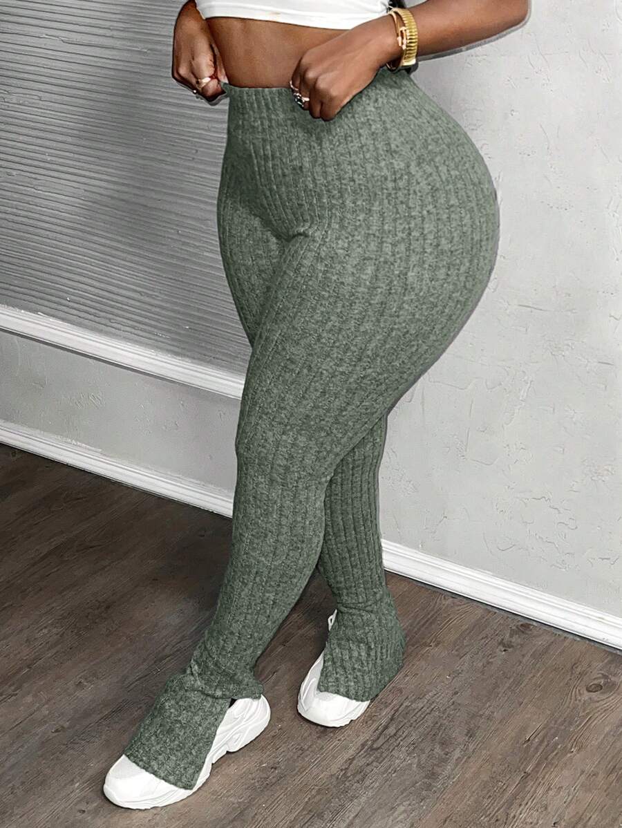 Slaydiva 休闲弹性腰部罗纹羊毛喇叭腿开衩裤，海军蓝 - 軍綠色 - 查看 1