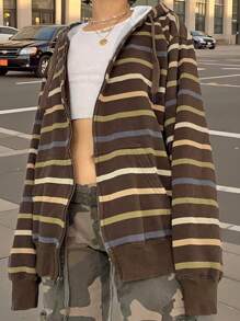 INAWLY Women's Casual Everyday Striped Zip-Up Drawstring Hooded Loose Sweatshirt, Autumn Graduation,Back To School Outfits,Graduation,Teacher Outfits For Women,Back To School Pullover Fall Outfit - Brown - View 3