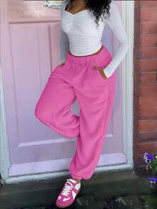 Men's Solid Color Pocket Simple Warm Fleece Pants, Casual Daily Wear - Hot Pink - View 5