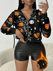 SHEIN SXY 女士拉链万圣节字母印花长袖休闲连帽夹克 - 黑色 - 查看 1