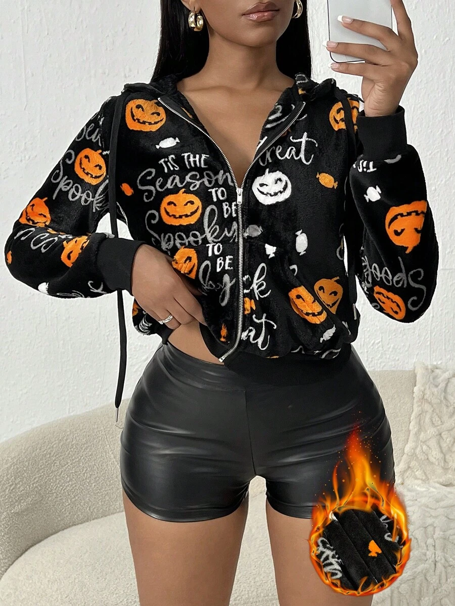 SHEIN SXY 女士拉链万圣节字母印花长袖休闲连帽夹克 - 黑色 - 查看 1