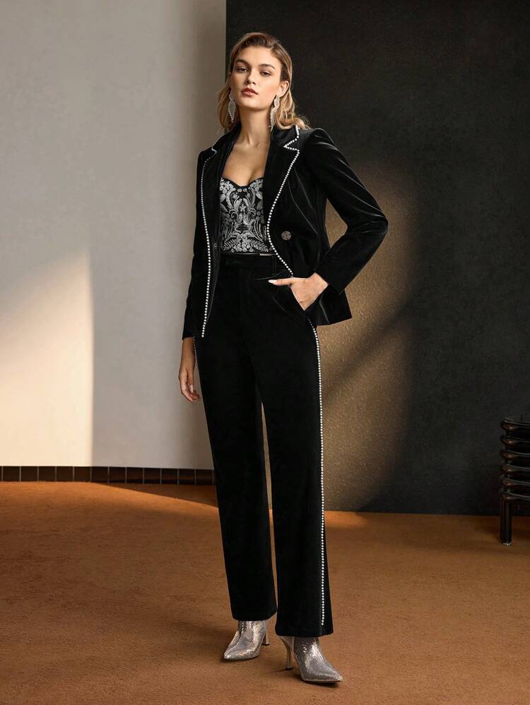 MOTF Soiréza VELVET SLANT POCKET FAUX PEARL TRIM FLARE LEG SUIT PANTS