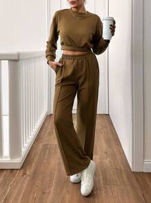 SHEIN Women Solid Color Crew Neck Long Sleeve Cropped Sweatshirt And Pocket Pants Casual Suit For Autumn/Winter