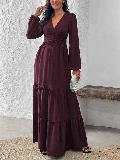 SHEIN Clasi Women's Solid Color V-Neck Long Sleeve Pleated Simple Long Casual Dress Maxi Women Outfit Fall Cloth For Women