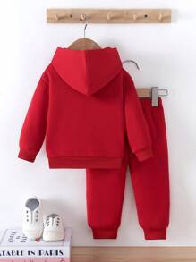 2 piezas Conjunto de sudadera con capucha y pantalones casuales gruesos con estampado de letras divertido para bebé niño, otoño/invierno - Rojo - Ver 2