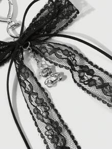 ROMWE 1 Móc khóa hình gấu bông hình trái tim đính nơ ren phong cách Gothic, Phụ kiện Kawaii thẩm mỹ tối màu, Thích hợp cho phụ nữ và trẻ em gái, Sử dụng hàng ngày hoặc làm quà tặng lễ hội, Valentine, Halloween - màu đen - Xem 9