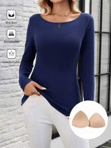 EMERY ROSE Women Casual Solid Color Crew Neck Long Sleeve Padded Breathable Fitted T-Shirt, Spring/Autumn
