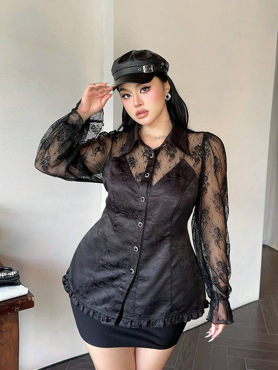 Flirla 大码亚文化朋克哥特复古提花蕾丝拼布灯笼袖透明长袖衬衫 - 黑色 - 查看 1