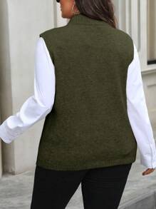 Plus Size Women Solid Color Round Neck Split Hem Sweater Vest, Autumn/Winter Fall - Army Green - View 2