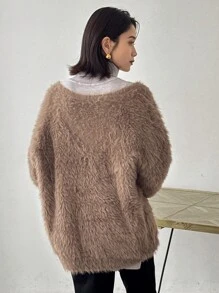 FRIFUL Áo len chui đầu trơn cổ chữ V rộng rãi cho nữ, Quần áo mùa thu cho nữ - Cà phê nâu - Xem 5