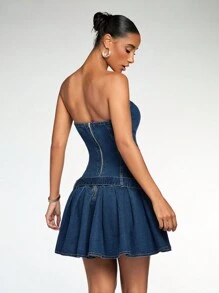 SHEIN BAE 1 件女士性感紧身牛仔露肩连衣裙、节日连衣裙、节日女装、感恩节连衣裙、节日派对女装、圣诞服装、新年连衣裙、感恩节女装、圣诞女装、圣诞派对女装、新年前夜连衣裙、派对女装