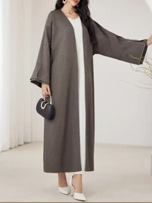 Al Najma 女式长袖简约休闲长款朴素阿拉伯长袍开衫，休闲开放式长袍，适合日常休闲/派对 - 咖啡棕 - 查看 6