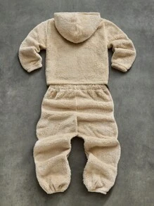 SHEIN 2pcs Tween Boy Loose Fit Fleece Hooded Sweatshirt And Jogger Pants Set - Brown - View 2