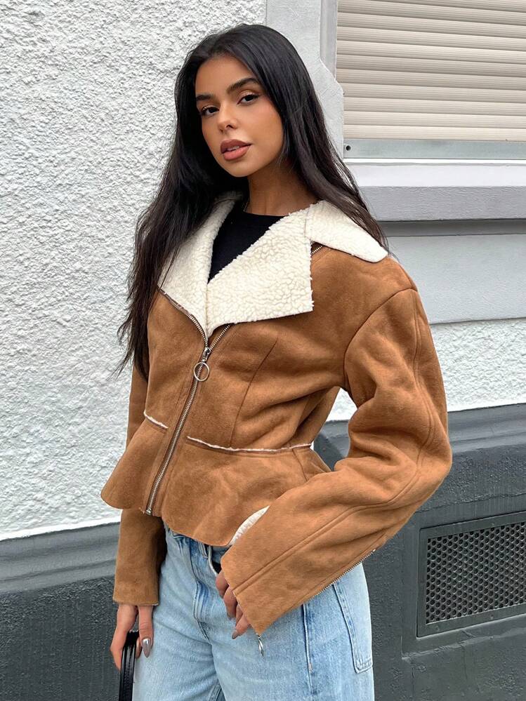 SHEIN EZwear One-Piece Fluffy And Leather Zip-Up A-Line Long