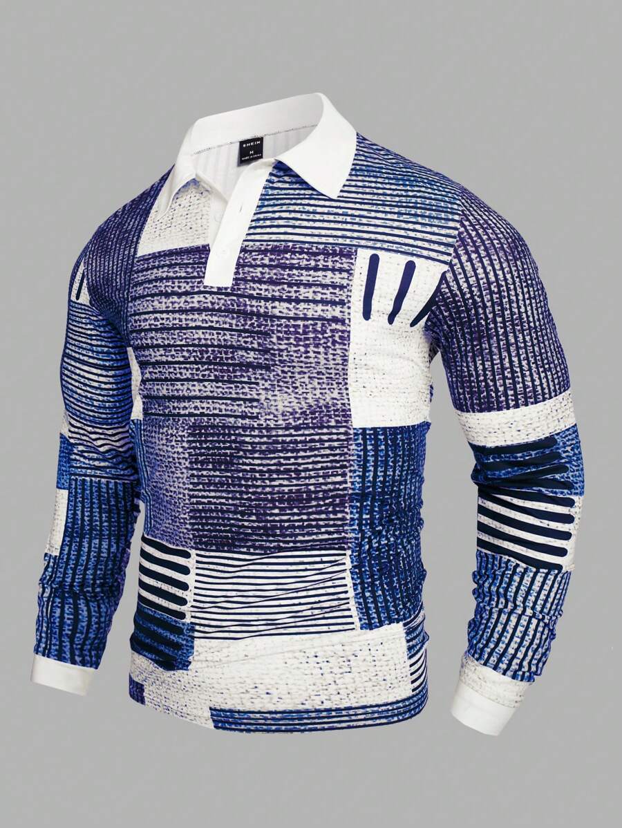 Manfinity Homme 男式纯色前扣长袖休闲 Polo 衫 - 藍色 - 查看 1