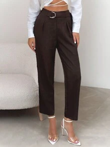 SHEIN Tall Quần ống côn dệt lưng thun co giãn mùa thu đông cho nữ - màu nâu - Xem 1