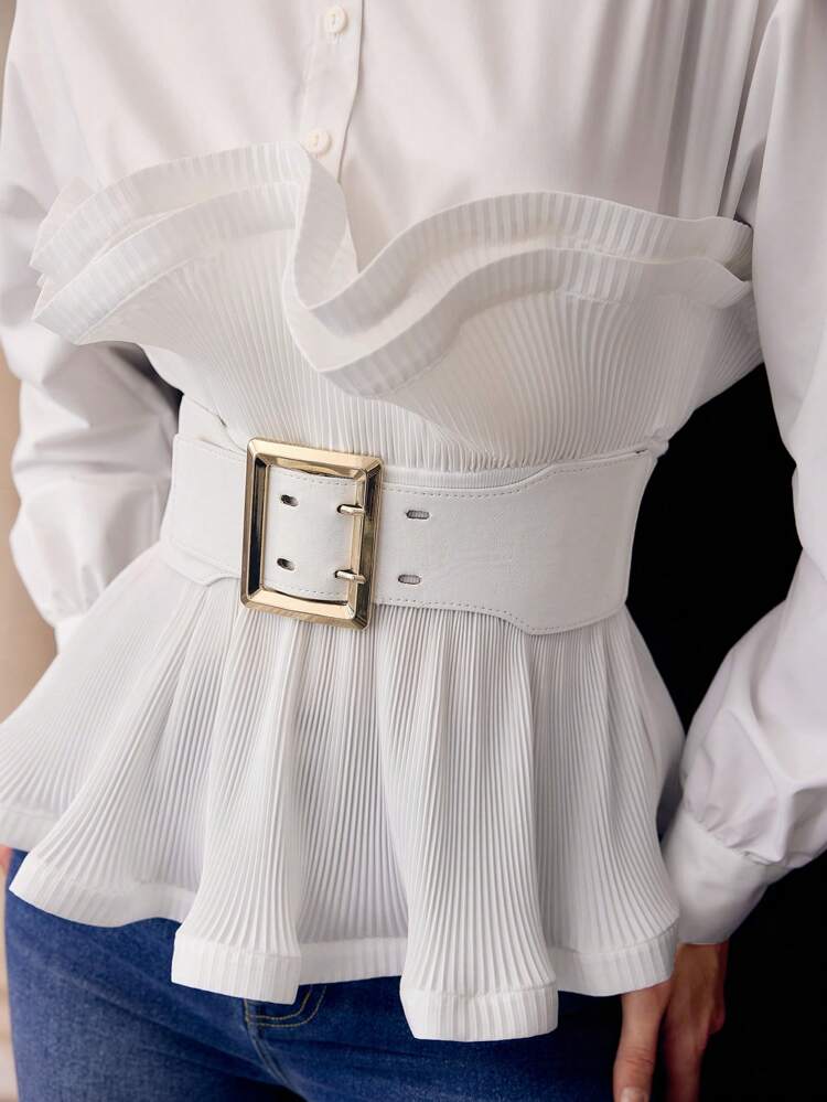 SOLID LANTERN SLEEVE PLISSE LAYERED RUFFLE TRIM BUCKLE BELTED PEPLUM TOP