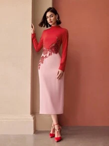 MOTF PREMIUM TWO TONE MOCK NECK CONTRAST SEQUIN EMBROIDERY FLORAL PATTERN DRESS - Pink - View 7