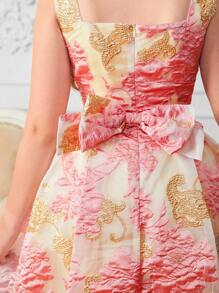Đầm cho bé gái tuổi teen thanh lịch cổ điển sang trọng duyên dáng quyến rũ thời trang màu hồng và vàng vải organza jacquard cổ tròn hở lưng nơ quá khổ trang trí - Nhiều màu - Xem 5
