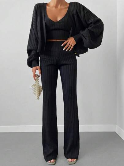 EURMUSE Rippenstrick Drop Shoulder Cardigan & Strick Top & Strick Hose