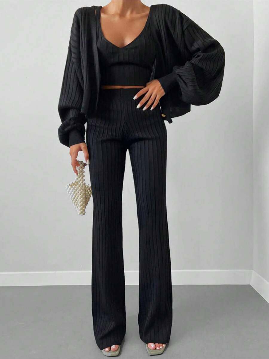 EURMUSE Ribbed Knit Drop Shoulder Cardigan & Knit Top & Knit Pants