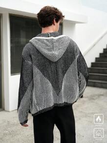 Claim Dot Men's Striped Print Hooded Zip-Up Cardigan - Black and White - View 5