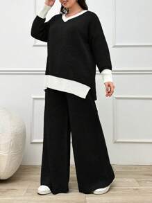 RueChic Plus Size Women Colorblock V-Neck Split Hem Sweater & Knit Wide Leg Pants Set, For Winter - Black and White - View 5