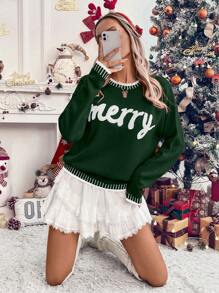 SHEIN LUNE Women Christmas Letter Graphic Ribbed Trim Round Neck Sweater, Casual For Everyday Wear, Autumn/Winter Knit Pullover Fall - Dark Green - View 5