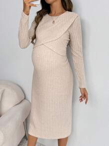SHEIN Vestido de maternidad y lactancia, vestido casual de manga larga y cuello redondo de unicolor, otoño